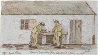 Vigors, Philip Doyne 'Convicts' Letter writing at Cockatoo Island N.S.W. 'Canary Birds' 1849. State Library NSW