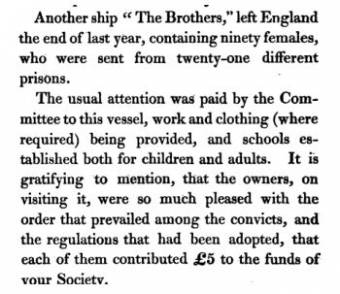 Articles provided by the Ladies Prison Society for the convicts on the Brothers in 1824