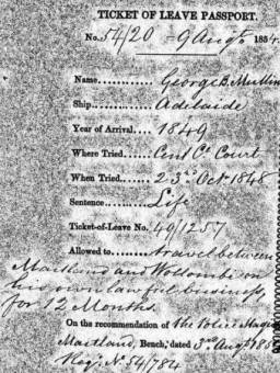 Ticket of Leave for George Bridge Mullins 1854