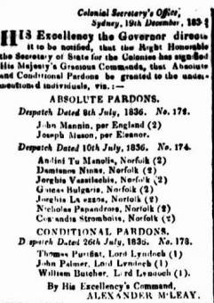 Absolute Pardons granted to Greek prisoners of the Norfolk in 1836 - Sydney Gazette 24 December 1836