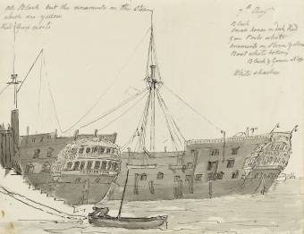 Drawing of two convict hulks at quayside steps, one HMS Retribution, with colour notes