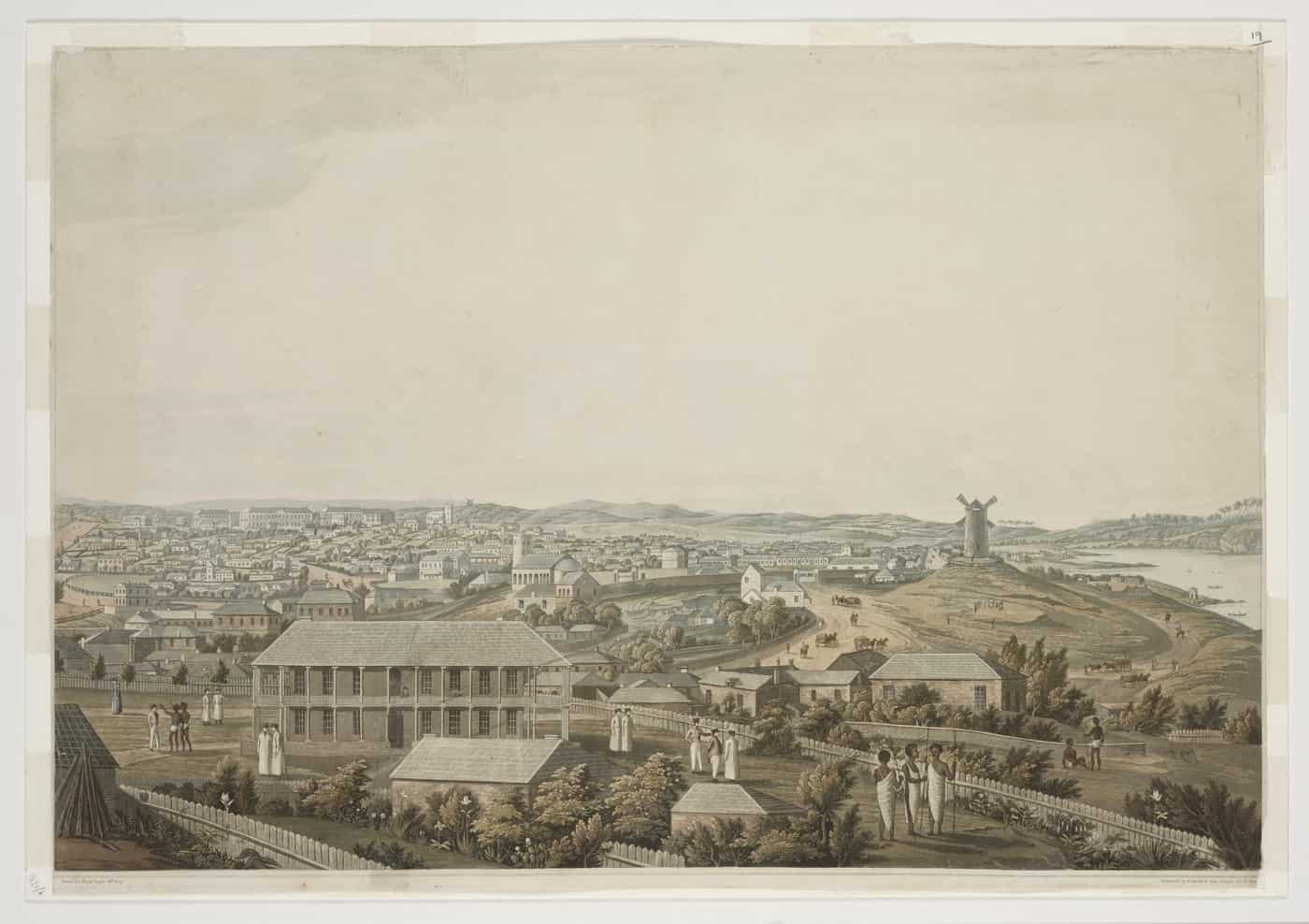 Artist Major James Taylor's painting “Panoramic Views of Port Jackson” circa 1821 offers a 360 degree view of Sydney from Observatory Hill with Millitary Hospital in foreground. Picture: State Library of Nsw