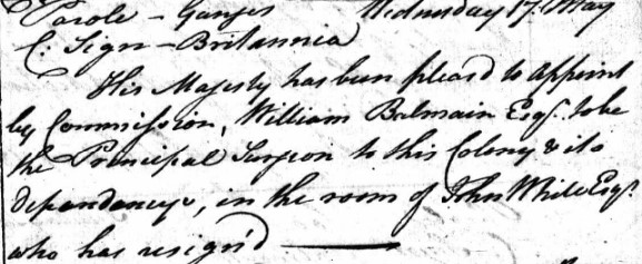 William Balmain - Appointment as Surgeon-general